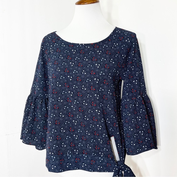 Michael Kors Heart Print Tie Waist 3/4 Bell Sleeve Navy Blue Red Peasant Top S - Picture 3 of 9